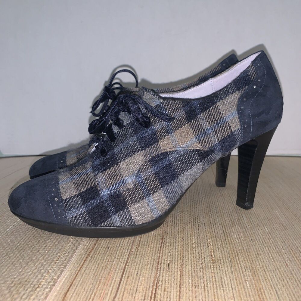 Johnston & Murphy Oxford Heels Sz 9M Office Academia Pinup Blue Gray Suede Wool